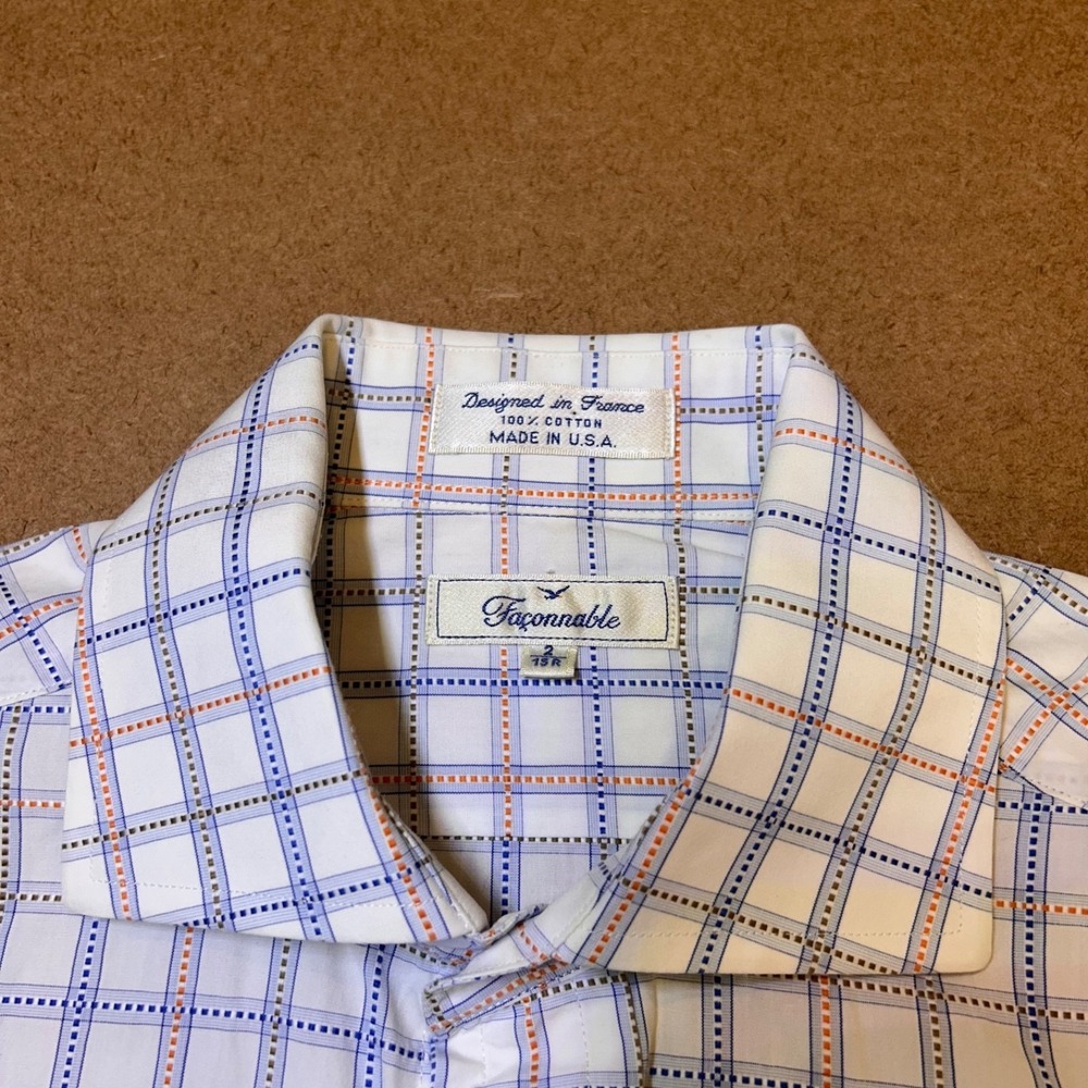 Faconnable Long Sleeve Button Up Shirt USA 100% Cotton Mens 15R White w/Plaid - Picture 1 of 13